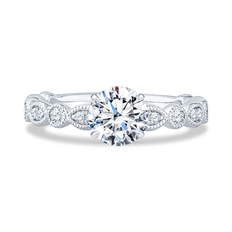 14K White Gold Milgrain Round Diamond Engagement Ring