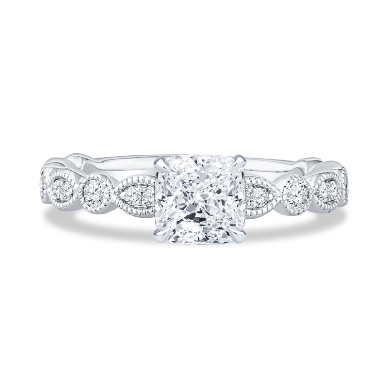 14K White Gold Milgrain Cushion Cut Diamond Engagement Ring