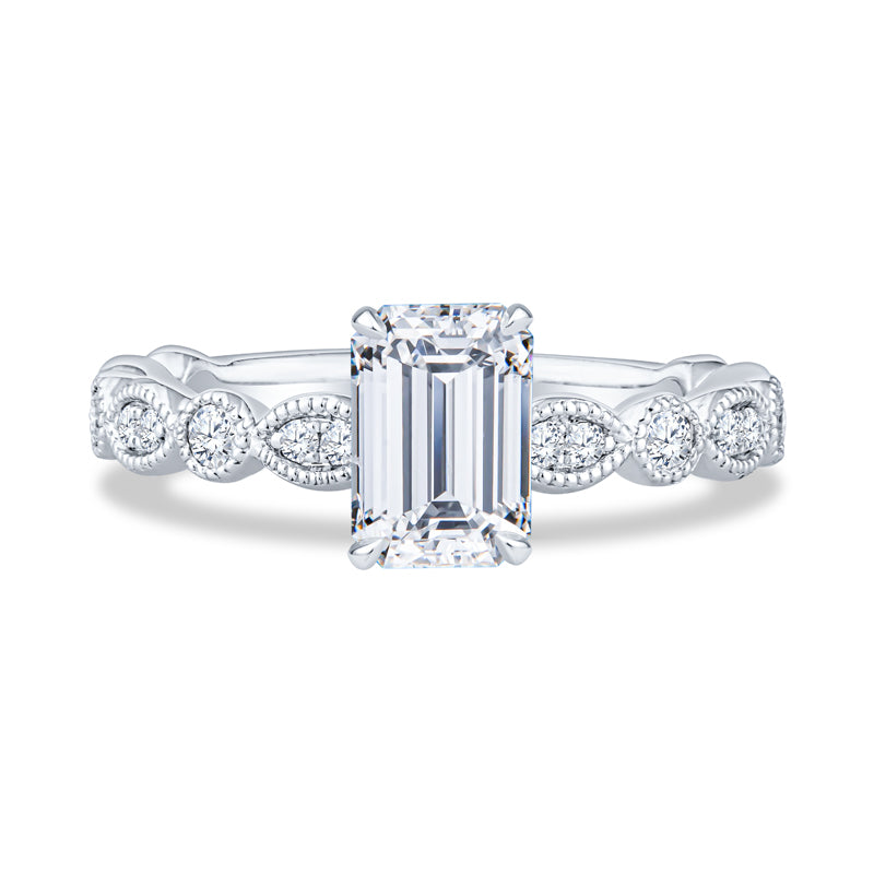 14K White Gold Milgrain Emerald Diamond Engagement Ring