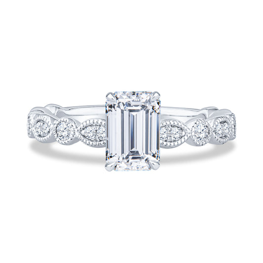 14K White Gold Milgrain Emerald Diamond Engagement Ring