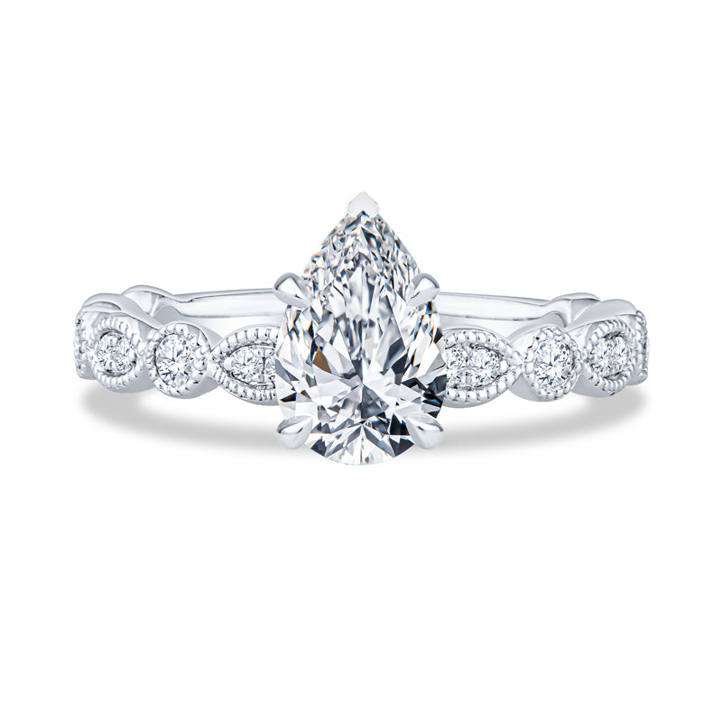 14K White Gold Milgrain Pear Diamond Engagement Ring