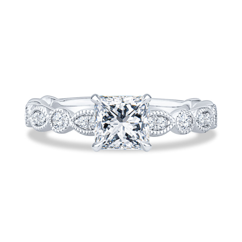 14K White Gold Milgrain Princess Diamond Engagement Ring