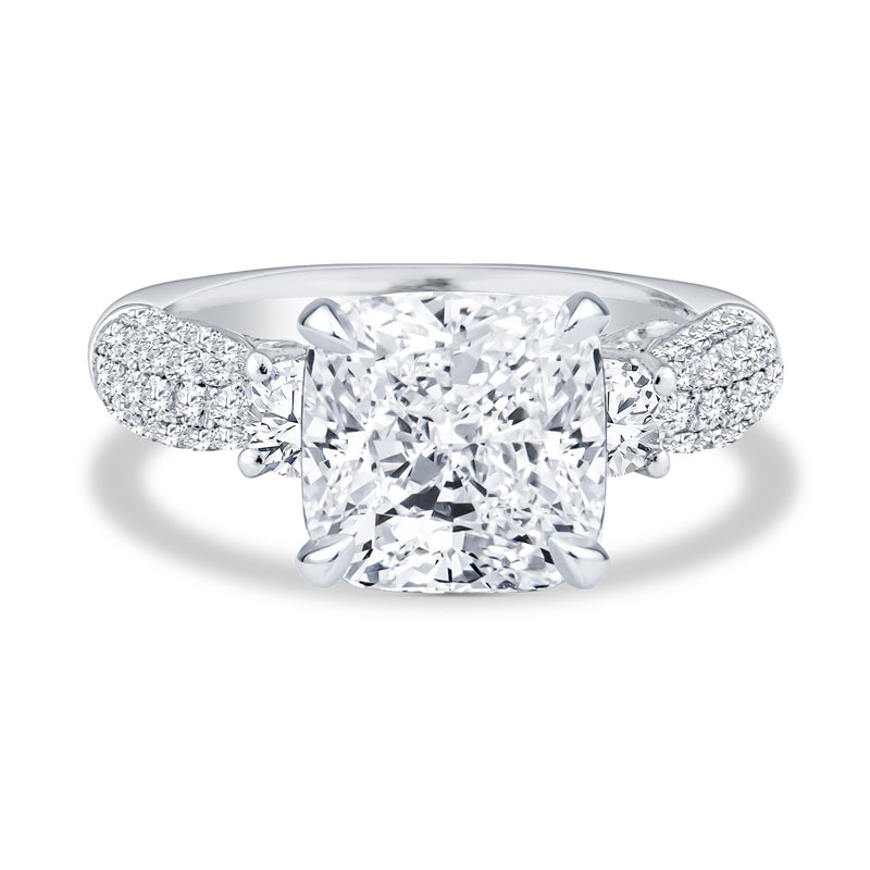 18K White Gold Micro-Pavé Past Present Future Cushion Cut Diamond Engagement Ring