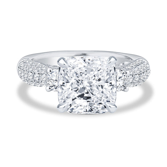 18K White Gold Micro-Pavé Past Present Future Cushion Cut Diamond Engagement Ring