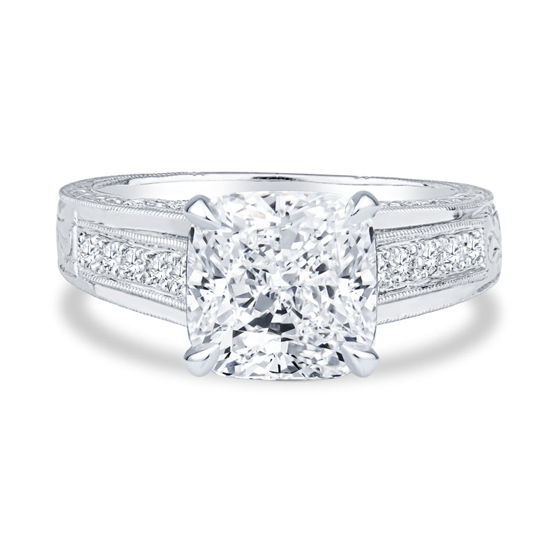 18k White Gold Micro Pave Setting Antique Vintage Cushion Cut Diamond Engagement Ring