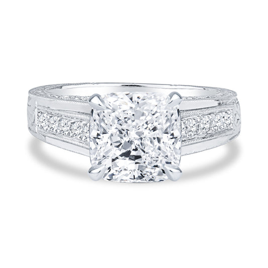 18k White Gold Micro Pave Setting Antique Vintage Cushion Cut Diamond Engagement Ring