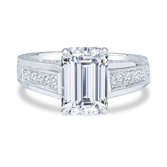 18k White Gold Micro Pave Setting Antique Vintage Emerald Diamond Engagement Ring