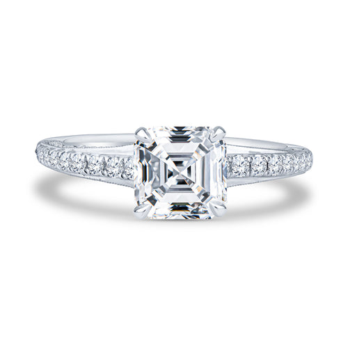 18k White Gold Pavé Milgrain Setting Asscher Diamond Engagement Ring
