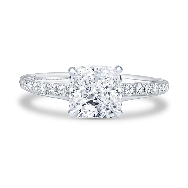 18k White Gold Pavé Milgrain Setting Cushion Cut Diamond Engagement Ring
