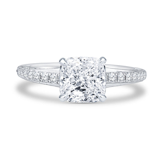 18k White Gold Pavé Milgrain Setting Cushion Cut Diamond Engagement Ring