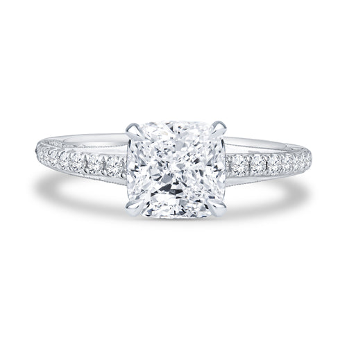 18k White Gold Pavé Milgrain Setting Cushion Cut Diamond Engagement Ring