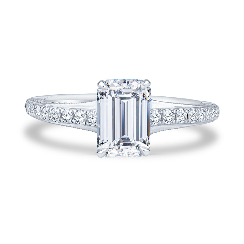 18k White Gold Pavé Milgrain Setting Emerald Diamond Engagement Ring