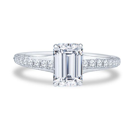 18k White Gold Pavé Milgrain Setting Emerald Diamond Engagement Ring
