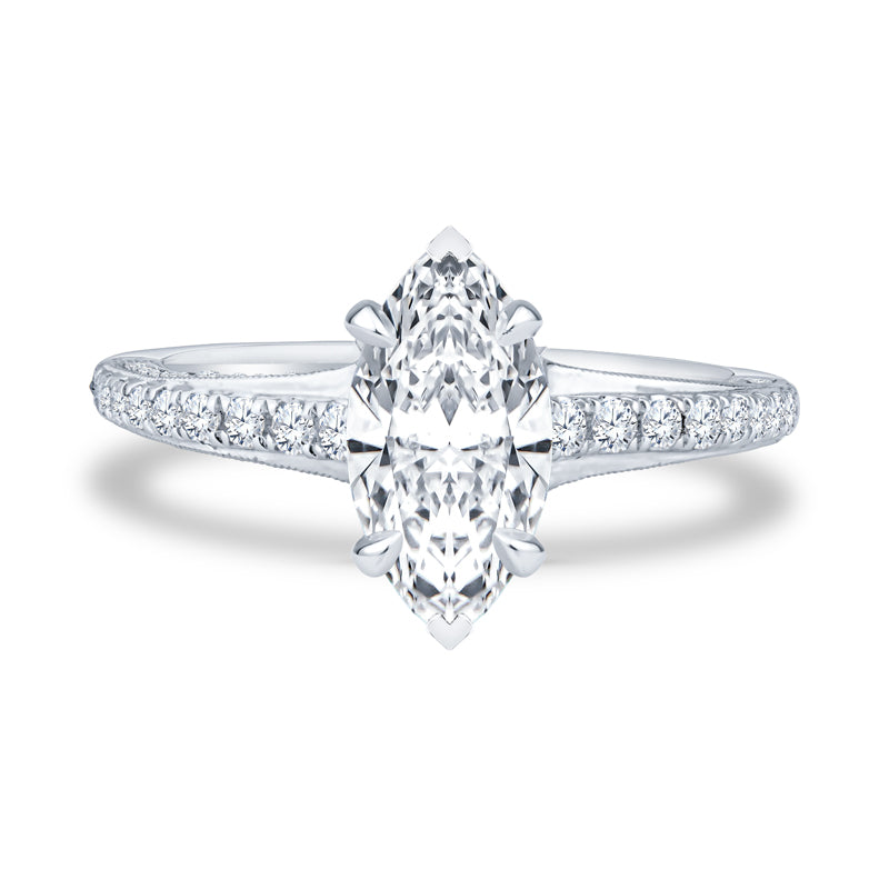 18k White Gold Pavé Milgrain Setting Marquise Diamond Engagement Ring