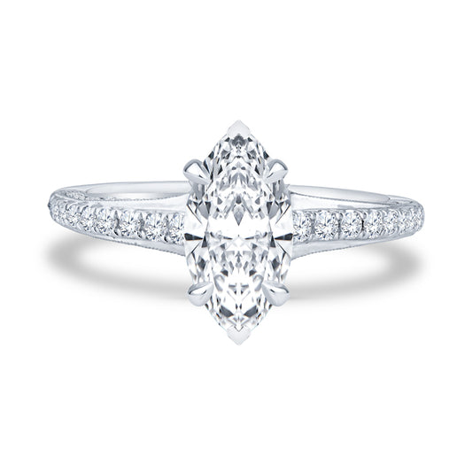 18k White Gold Pavé Milgrain Setting Marquise Diamond Engagement Ring