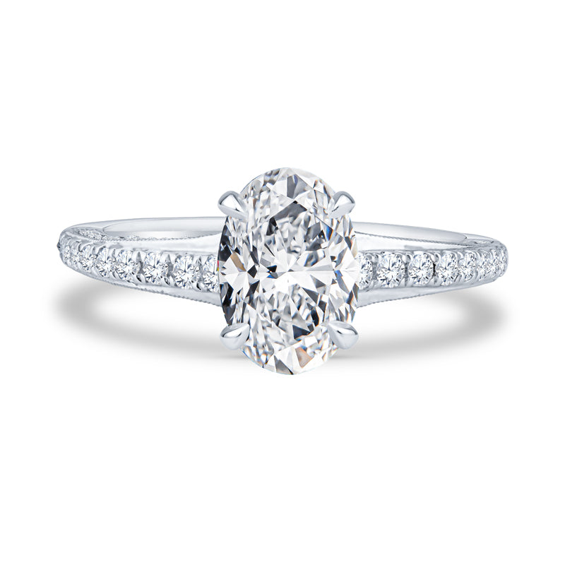 18k White Gold Pavé Milgrain Setting Oval Diamond Engagement Ring
