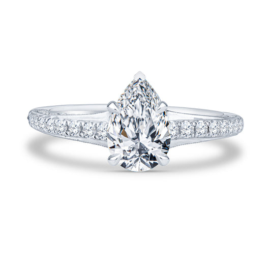 18k White Gold Pavé Milgrain Setting Pear Diamond Engagement Ring