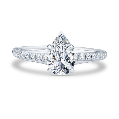 18k White Gold Pavé Milgrain Setting Pear Diamond Engagement Ring