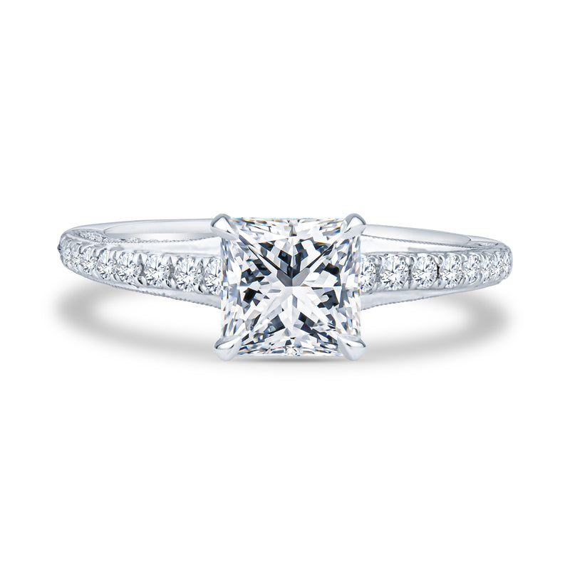 18k White Gold Pavé Milgrain Setting Princess Diamond Engagement Ring