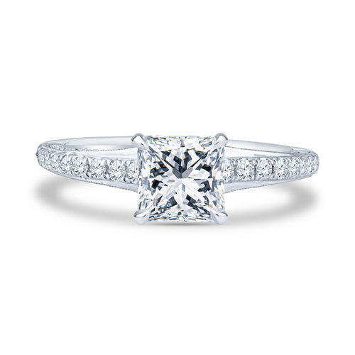 18k White Gold Pavé Milgrain Setting Princess Diamond Engagement Ring