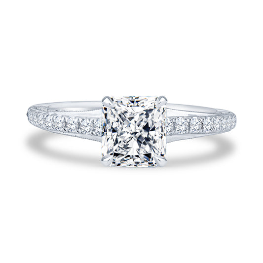 18k White Gold Pavé Milgrain Setting Radiant Diamond Engagement Ring