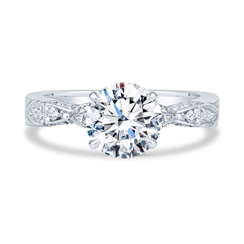 14K White Gold Setting Pavé Milgrain Round Diamond Engagement Ring