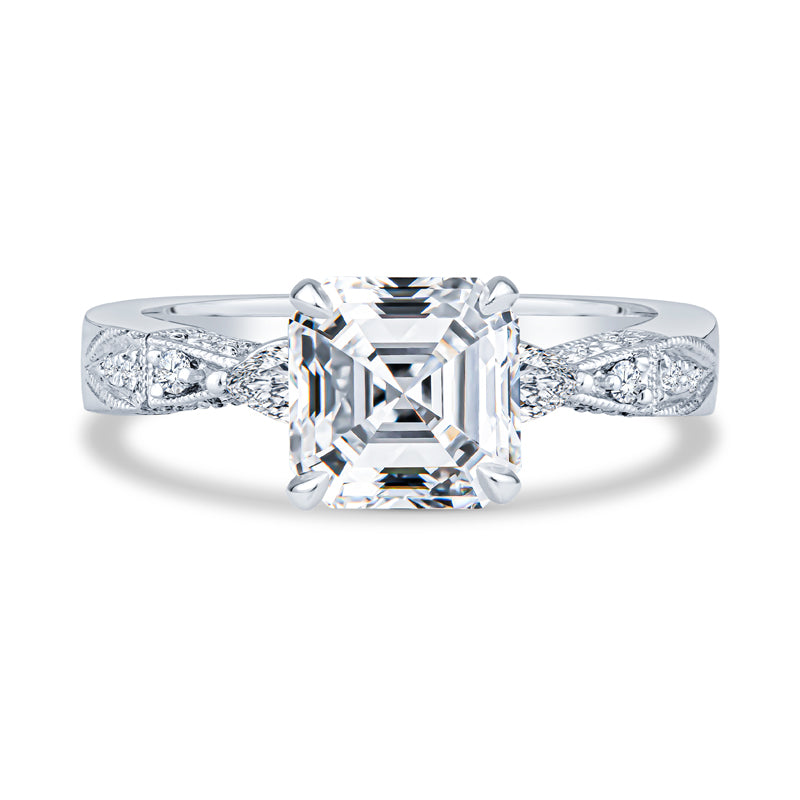 14K White Gold Setting Pavé Milgrain Asscher Diamond Engagement Ring