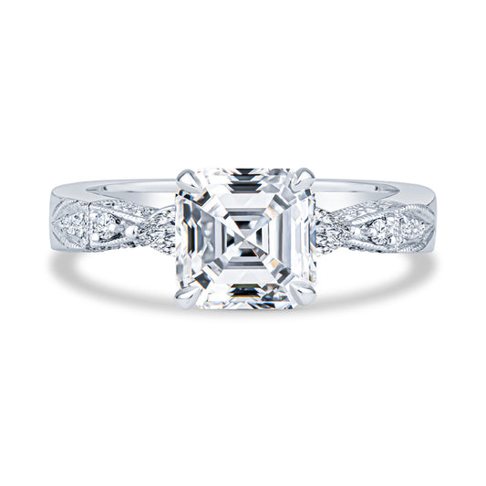 14K White Gold Setting Pavé Milgrain Asscher Diamond Engagement Ring