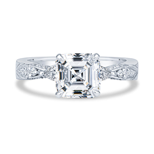 14K White Gold Setting Pavé Milgrain Asscher Diamond Engagement Ring