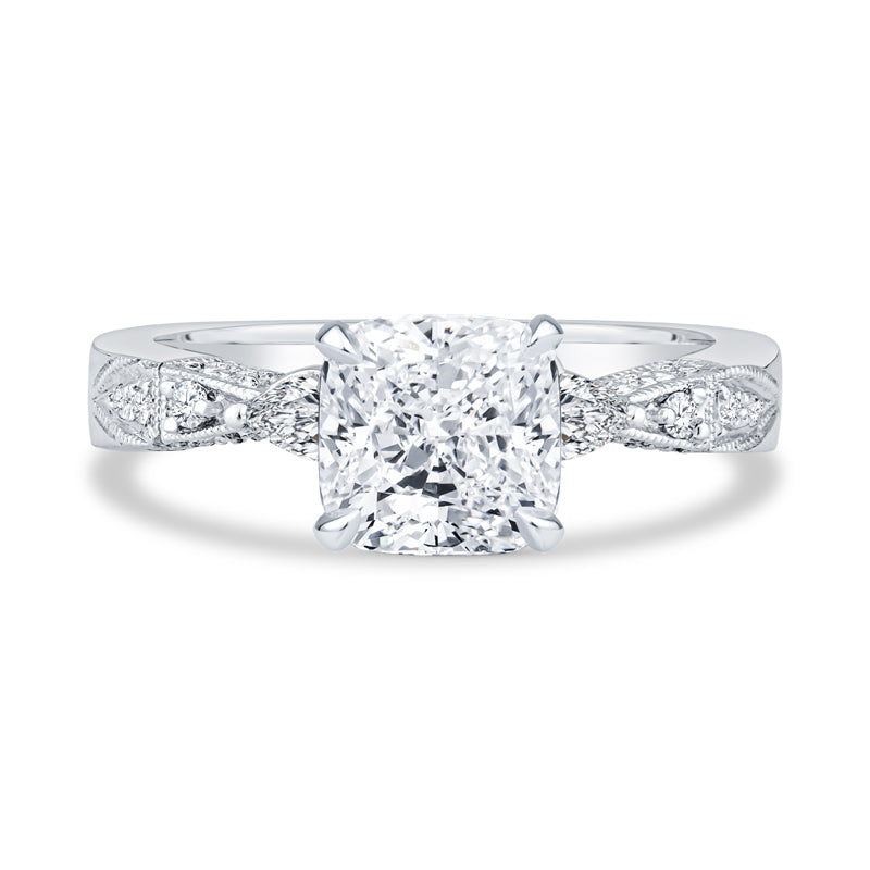 14K White Gold Setting Pavé Milgrain Cushion Cut Diamond Engagement Ring