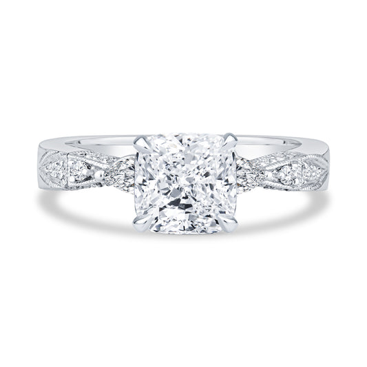 14K White Gold Setting Pavé Milgrain Cushion Cut Diamond Engagement Ring