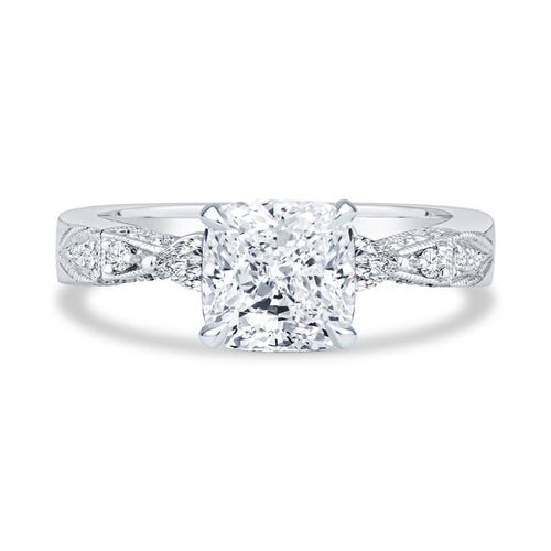 14K White Gold Setting Pavé Milgrain Cushion Cut Diamond Engagement Ring