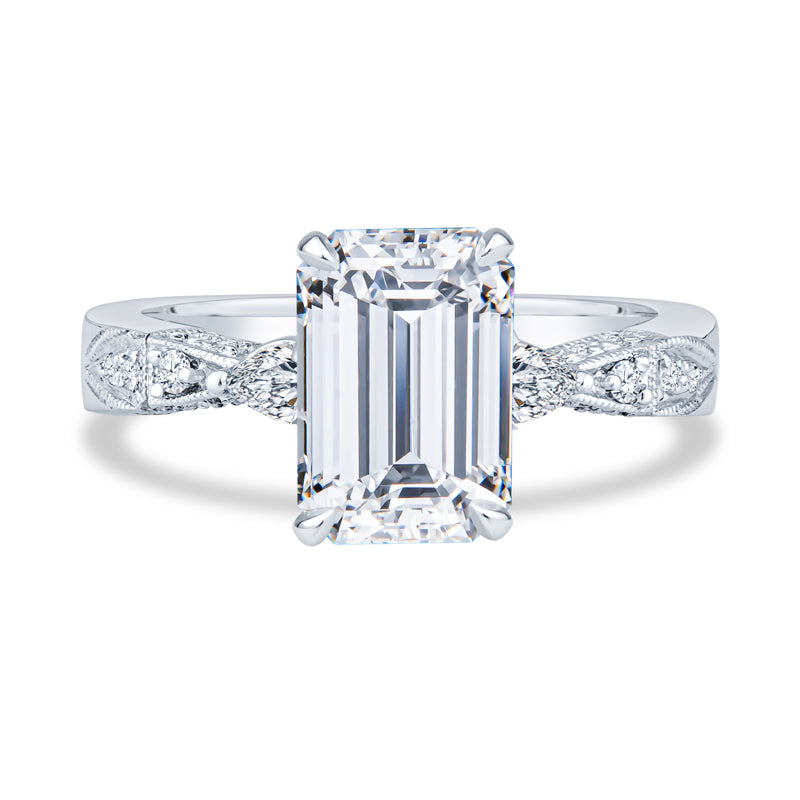 14K White Gold Setting Pavé Milgrain Emerald Diamond Engagement Ring