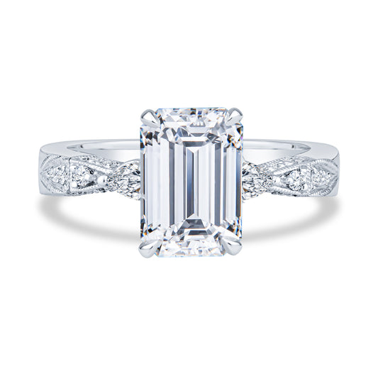14K White Gold Setting Pavé Milgrain Emerald Diamond Engagement Ring