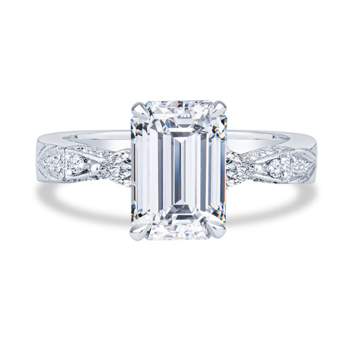 14K White Gold Setting Pavé Milgrain Emerald Diamond Engagement Ring