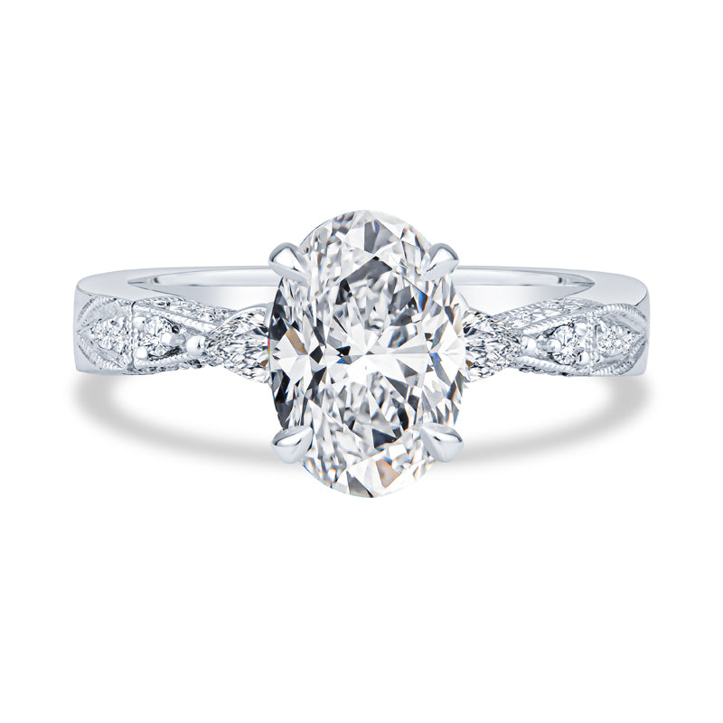 14K White Gold Setting Pavé Milgrain Oval Diamond Engagement Ring
