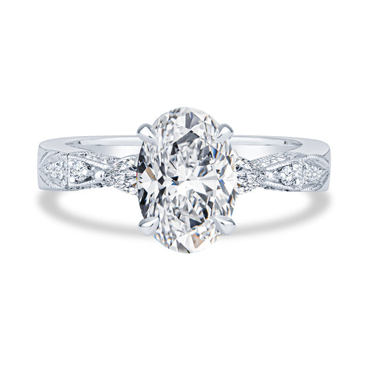 14K White Gold Setting Pavé Milgrain Oval Diamond Engagement Ring