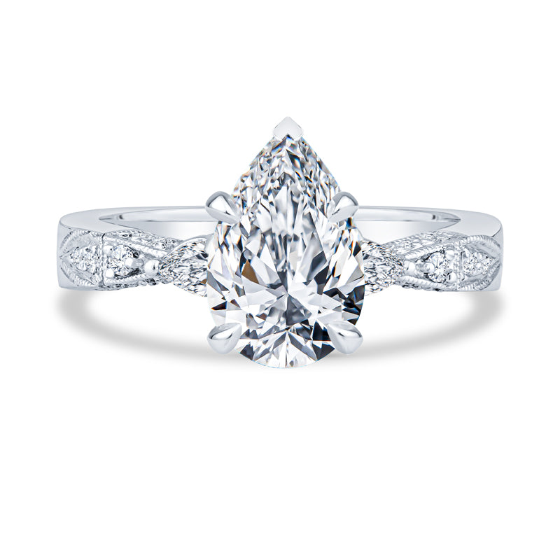 14K White Gold Setting Pavé Milgrain Pear Diamond Engagement Ring