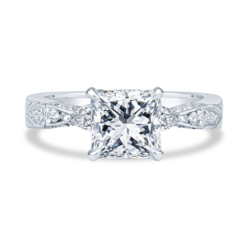 14K White Gold Setting Pavé Milgrain Princess Diamond Engagement Ring