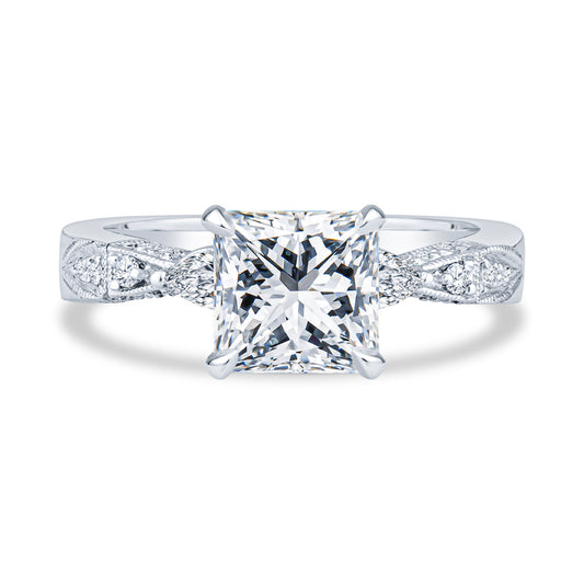 14K White Gold Setting Pavé Milgrain Princess Diamond Engagement Ring