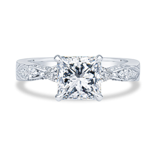 14K White Gold Setting Pavé Milgrain Princess Diamond Engagement Ring