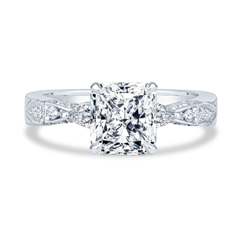 14K White Gold Setting Pavé Milgrain Radiant Diamond Engagement Ring