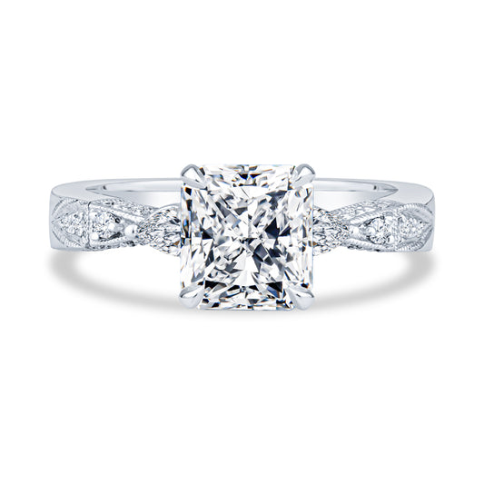 14K White Gold Setting Pavé Milgrain Radiant Diamond Engagement Ring