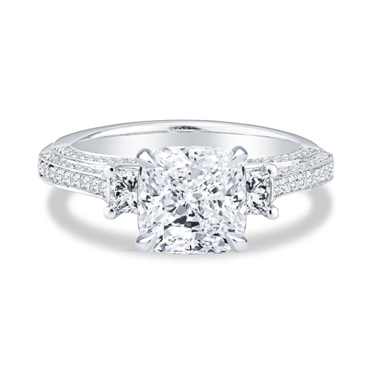 18K White Gold Pavé Past Present Future Cushion Cut Diamond Setting Engagement Ring