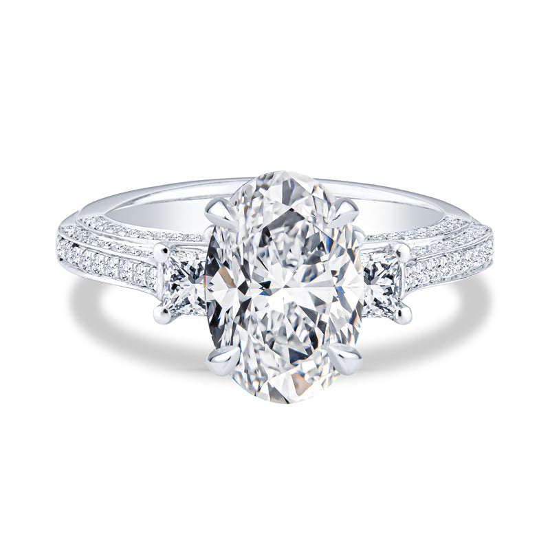 18K White Gold Pavé Past Present Future Oval Diamond Setting Engagement Ring