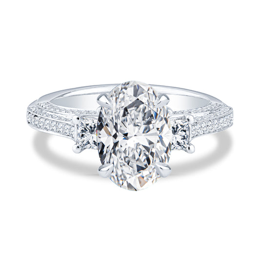 18K White Gold Pavé Past Present Future Oval Diamond Setting Engagement Ring