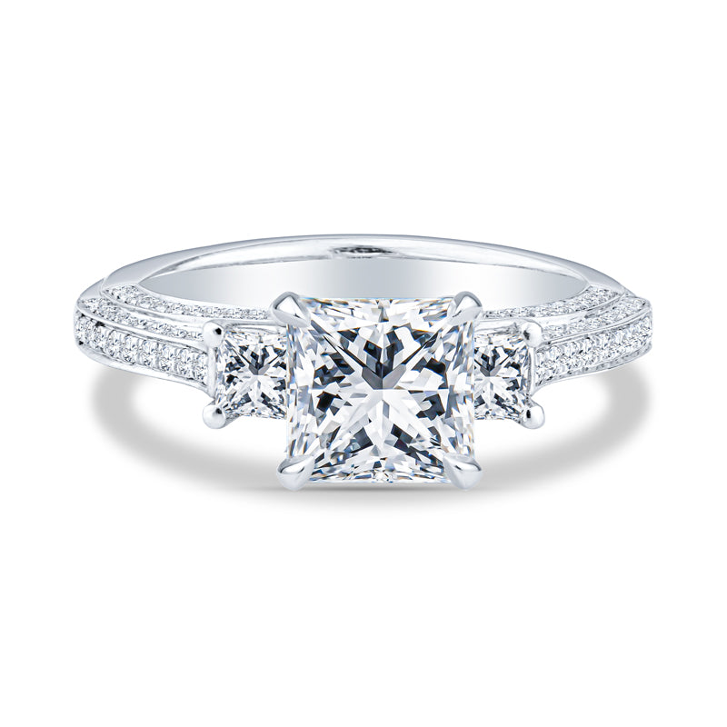 18K White Gold Pavé Past Present Future Princess Diamond Setting Engagement Ring