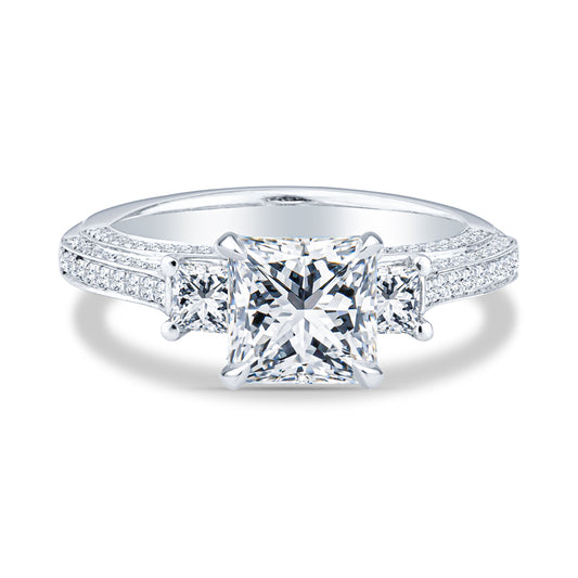 18K White Gold Pavé Past Present Future Princess Diamond Setting Engagement Ring