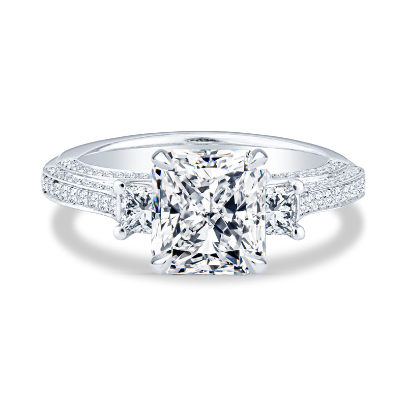 18K White Gold Pavé Past Present Future Radiant Diamond Setting Engagement Ring