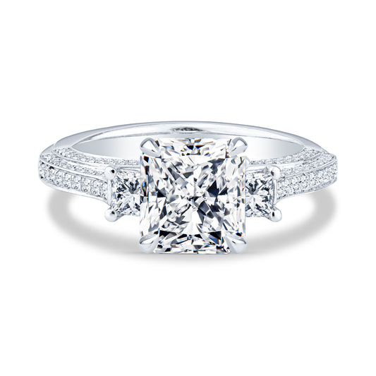 18K White Gold Pavé Past Present Future Radiant Diamond Setting Engagement Ring